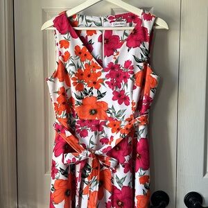 Calvin Klein Orange and White Midi Dress V-Neck Sleeveless